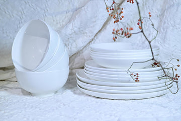 Lily Bone China Dinnerware Set, 16 Pieces, Service For 4, White Plates, Dishes, Bowls Set, Microwave And Dishwasher Safe
