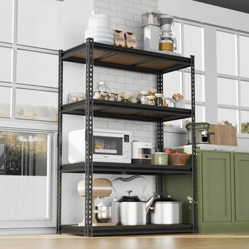 4-layer Adjustable Shelf Spacing, Gourd-shaped Perforation, Rubber Mallet With Gloves, Display Rack, Iron, 122*60*153.5cm, Black Iron, Natural Wood-colored MDF