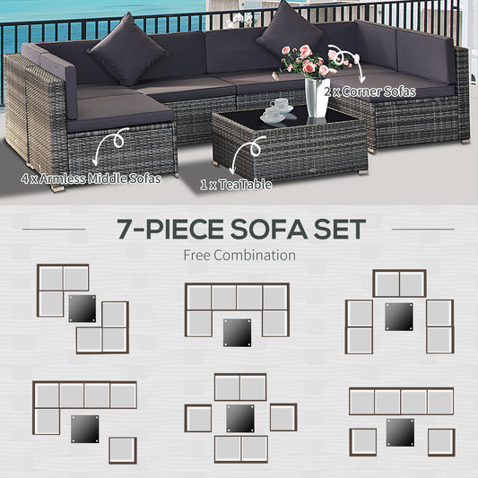 7 Piece Wicker Patio Furniture For Backyard Outdoor Sectional Sofa With Cushions  Tempered Glass Coffee Table Pillows Gray